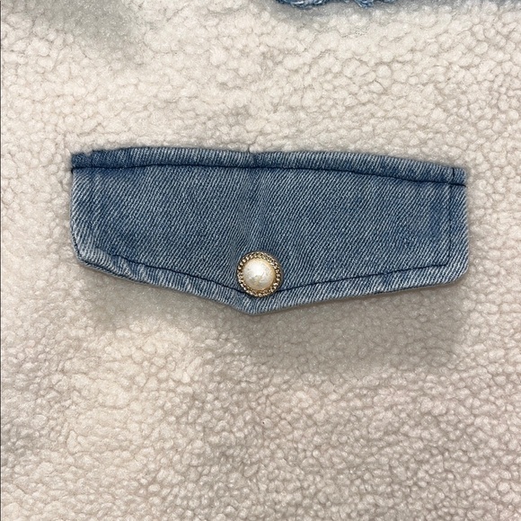 POL ivory Sherpa and Denim Half Zip Pullover Pearl Button Detail patchwork - Picture 4 of 8